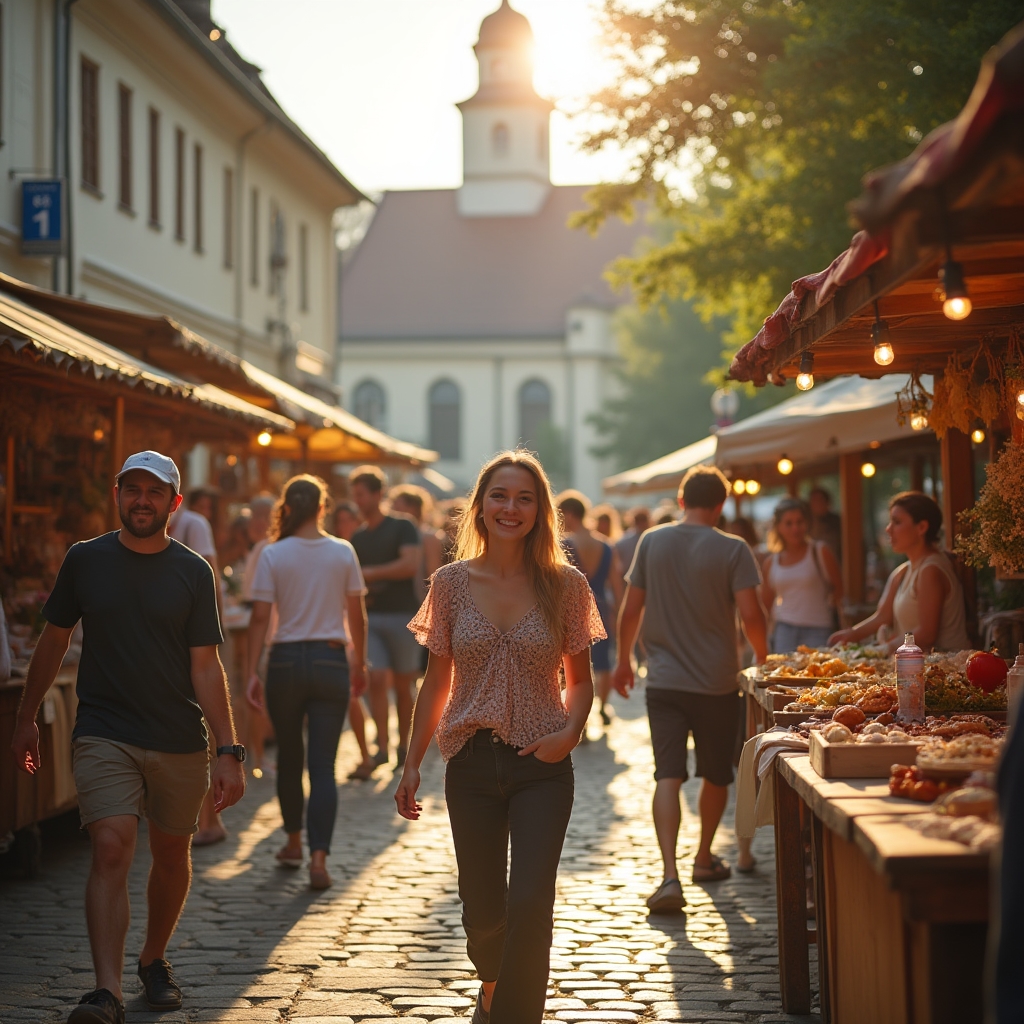 Festiwal kulturalny w małym polskim mieście - kolorowe stoiska i uśmiechnięci mieszkańcy